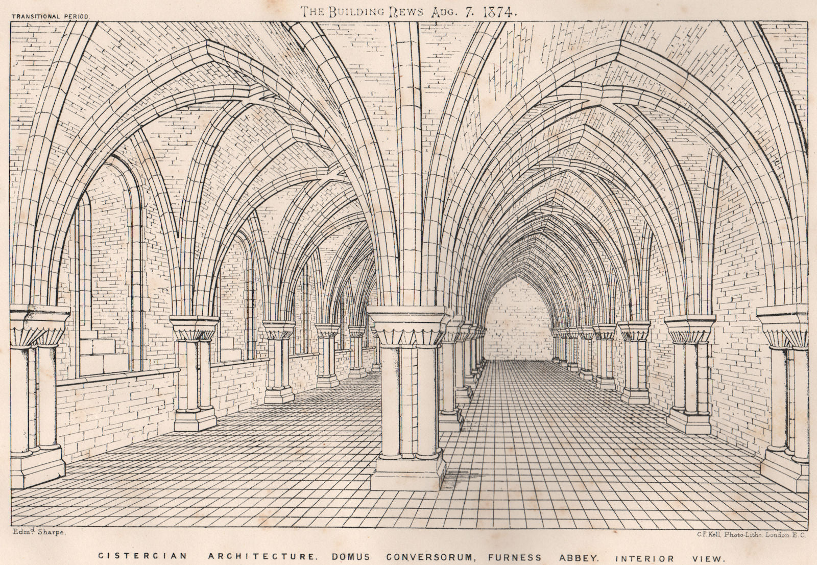 Cistercian Archture Domus Conversorum, Furness Abbey interior view. Cumbria 1874